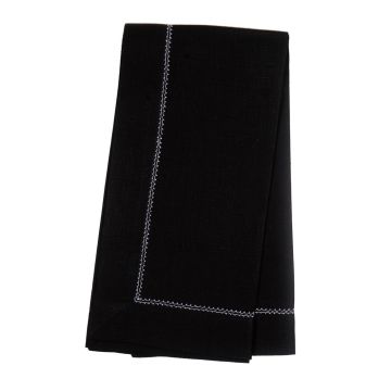 Huddleson black linen napkin with white hemstitch