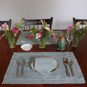 Celadon Linen Napkin with White Contrast Hemstitch
