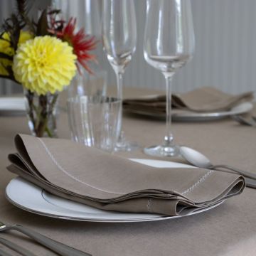 Coffee Brown Linen Napkin with Ivory Contrast Hemstitch