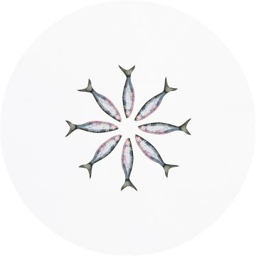 Huddleson fish print round linen tablecloth. Circle of oversize mackerel on this artistic, quirky pure linen tablecloth.