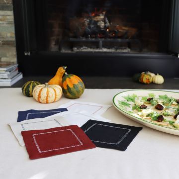 Burgundy Linen Cocktail Napkins with White Hemstitch 
