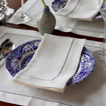 Ivory Linen Placemat with Navy Blue Contrast Hemstitch