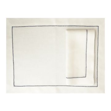 Huddleson Luxury Ivory Linen Placemat Navy Blue Hemstitch