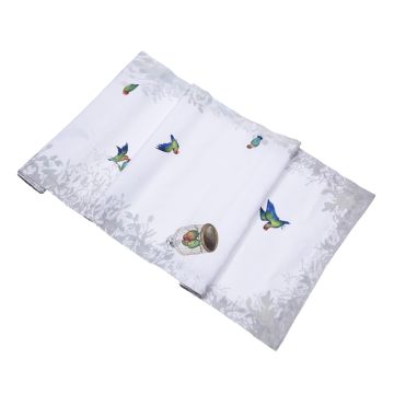 Huddleson love birds parrot white linen table runner