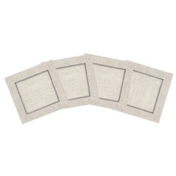 Natural Linen Cocktail Napkin with Charcoal Contrast Hemstitch