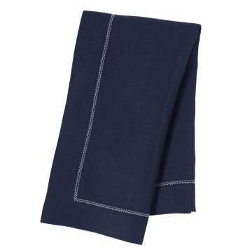 Navy Blue Linen Napkin with Ivory Contrast Hemstitch
