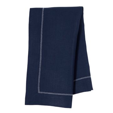 Navy Blue Linen Napkin with Ivory Contrast Hemstitch