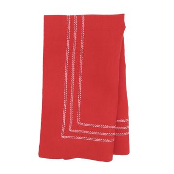 Scarlet red linen napkin red trim triple hemstitch 