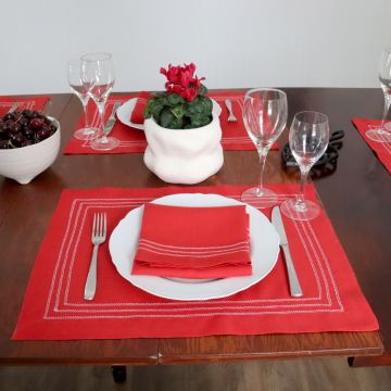 True Red Napkin with White Triple Hemstitch