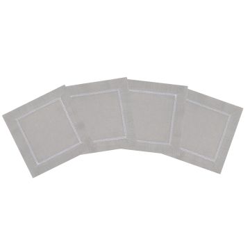 Silver Grey Linen Cocktail Napkin with White Contrast Hemstitch