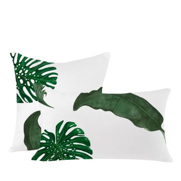 Tropical Leaves White Linen Decorative Throw Pillow