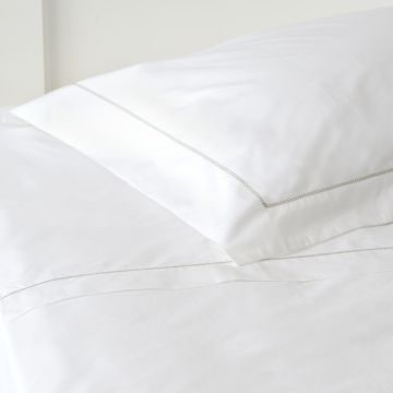 White 500TC Cotton Percale Pillowcase (Pair) - Green Hemstitch