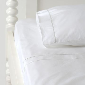 White 500TC Cotton Percale Top Sheet - Green Hemstitch