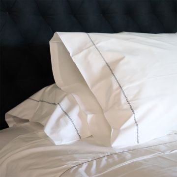 White 500TC Cotton Percale Pillowcase (Pair) - Navy Blue Hemstitch