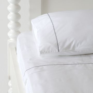 White 500TC Cotton Percale Top Sheet - Black Hemstitch