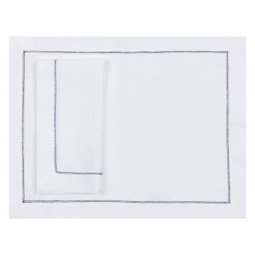 White hemstitched linen placemat navy blue trim