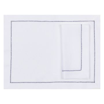 White hemstitched linen placemat navy blue trim