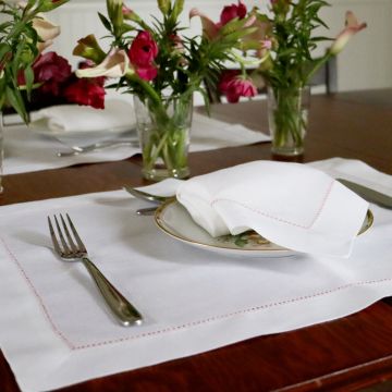 White Linen Placemat with Pink Contrast Hemstitch