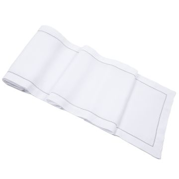 white linen table runner with sage green trim hemstitch 