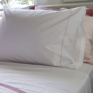 White 500TC Cotton Percale Top Sheet - Pink Hemstitch