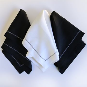 White Linen Hand Towel / Tea Towel with Black Hemstitch