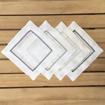 White Cocktail Napkin with Sage Green Contrast Hemstitch