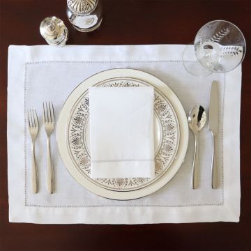White Linen Placemat with Silver Contrast Hemstitch