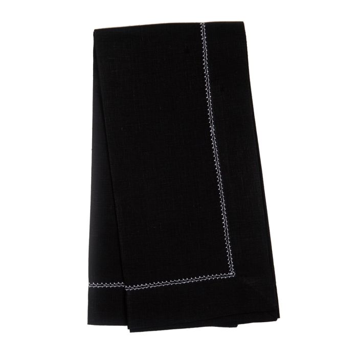 Huddleson black linen napkin with white hemstitch