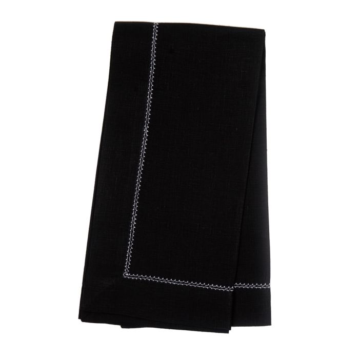 Huddleson black linen napkin with white hemstitch