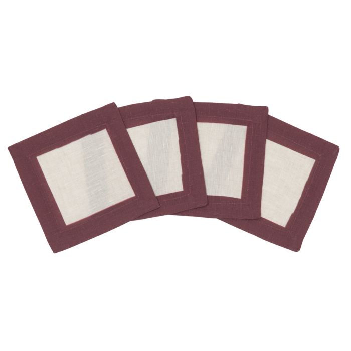 Natural Linen Cocktail Napkin with Rust Brick Red Border