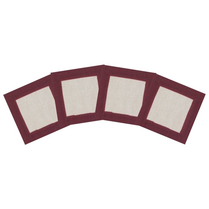 Natural Linen Cocktail Napkin with Burgundy Claret Wine Red Border