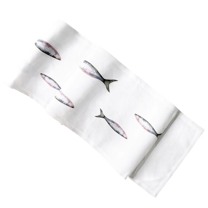 Huddleson white linen table runner with fish print