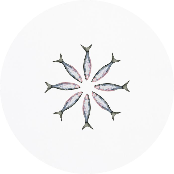 Huddleson fish print round linen tablecloth. Circle of oversize mackerel on this artistic, quirky pure linen tablecloth.