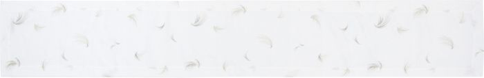 White linen table runner with feathers