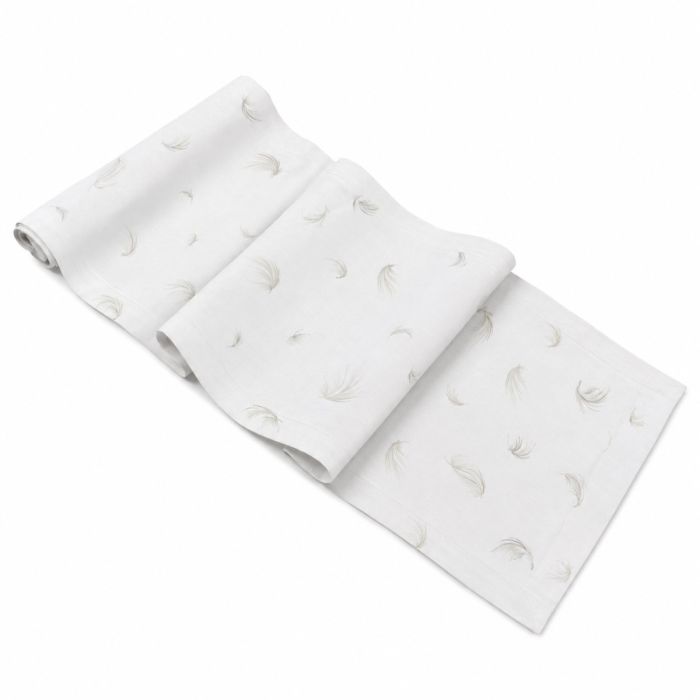 Linen table runner with feathers