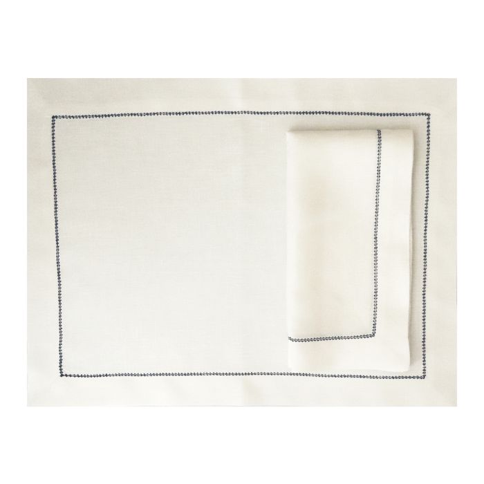 Huddleson Luxury Ivory Linen Placemat Navy Blue Hemstitch