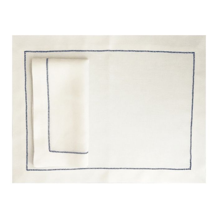 Huddleson Luxury Ivory Linen Placemat Navy Blue Hemstitch