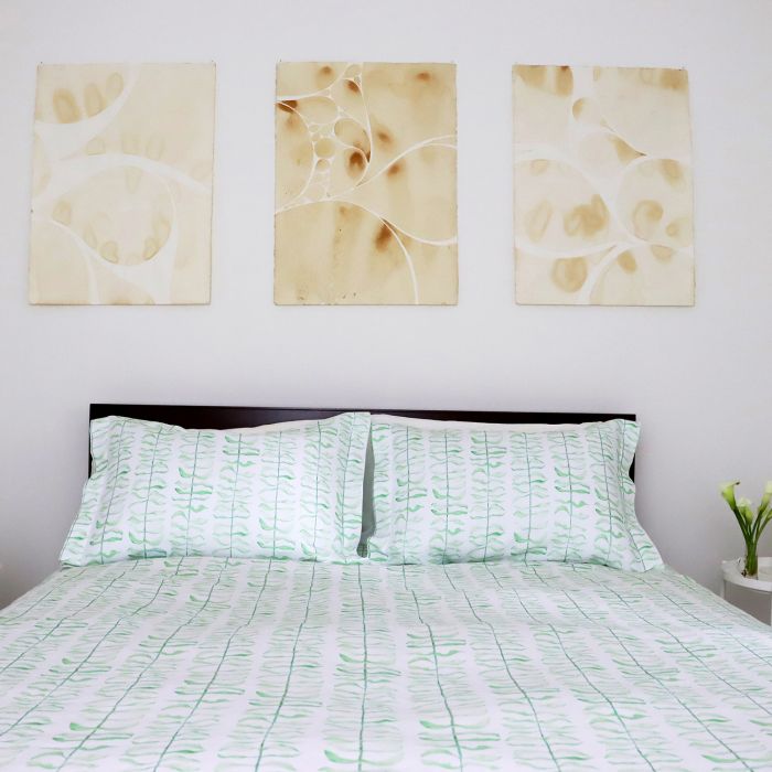 Leaf print green and white luxury linen duvet cover