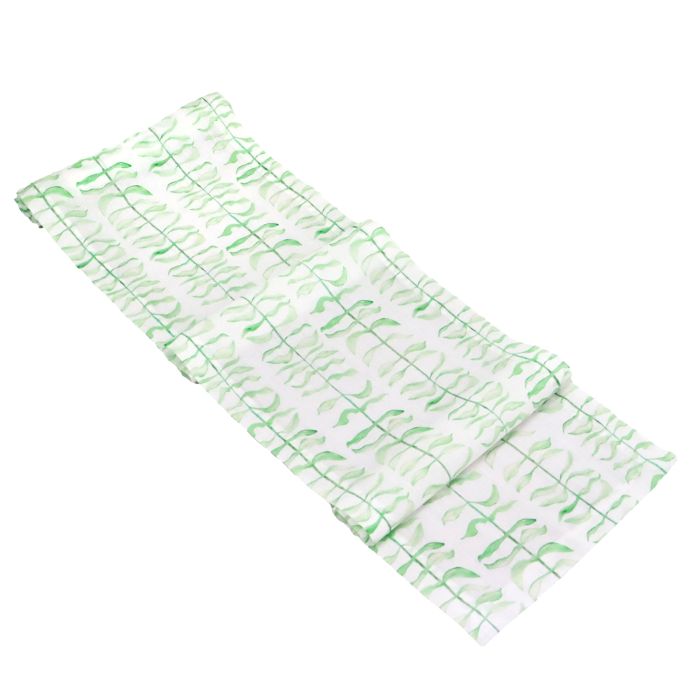 Leaf print green and white linen table runner