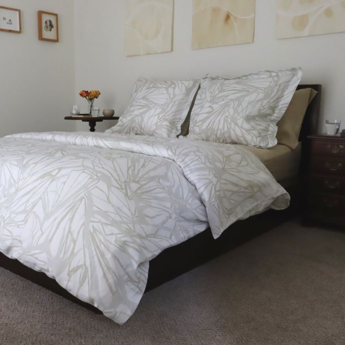 White linen duvet cover bedding gold silver white organic print