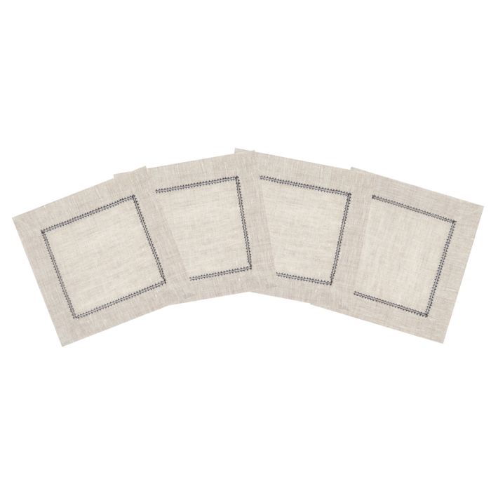 Natural Linen Cocktail Napkin with Charcoal Contrast Hemstitch