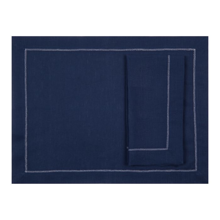 Navy Blue Linen Placemat with Ivory Contrast Hemstitch