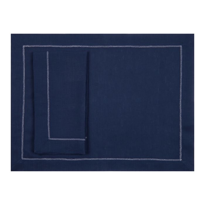 Navy Blue Linen Placemat with Ivory Contrast Hemstitch