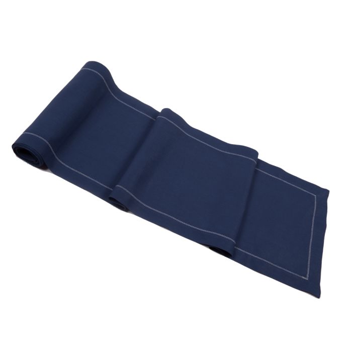 Navy blue hemstitched linen table runner white trim