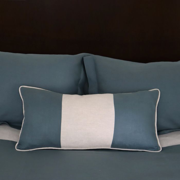Teal and natural piped linen decorative pillow