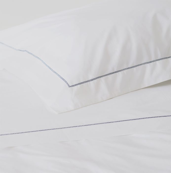 White 500TC Cotton Percale Sham (Pair) - Navy Blue Hemstitch