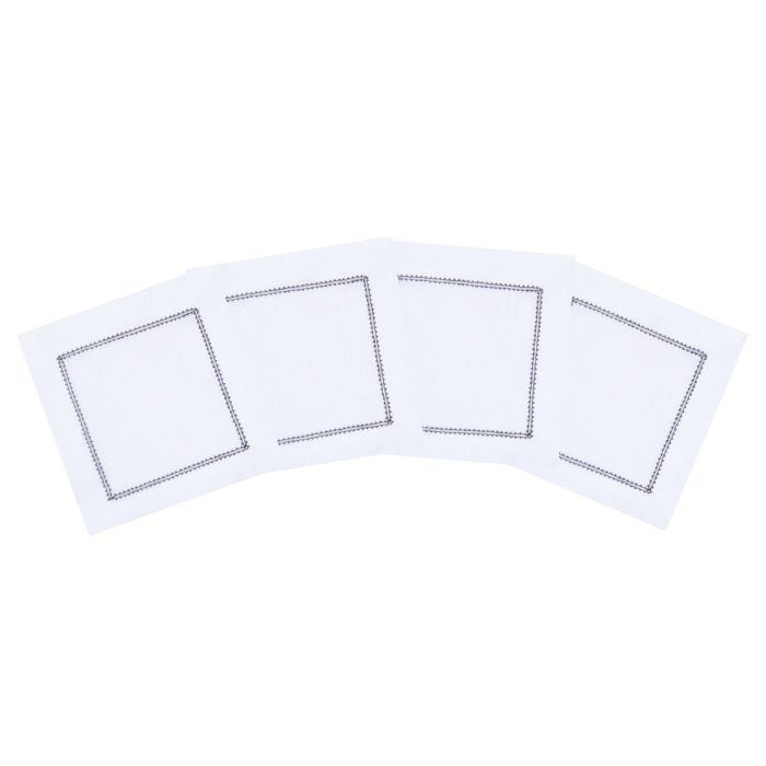 White Linen Cocktail Napkin with Black Contrast Hemstitch
