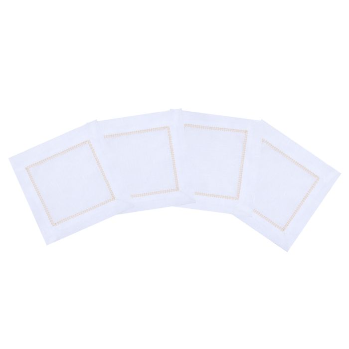 White Linen Cocktail Napkin with Gold Contrast Hemstitch