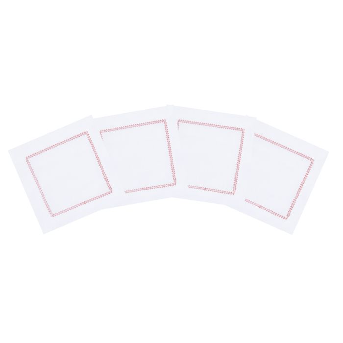 White Linen Cocktail Napkin with Red Contrast Hemstitch