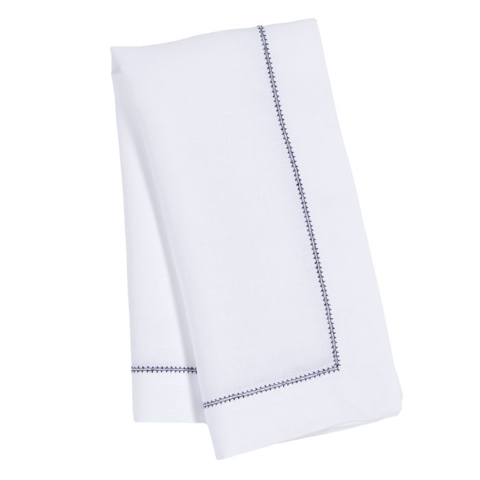 White Linen Napkin with Navy Blue Contrast Hemstitch